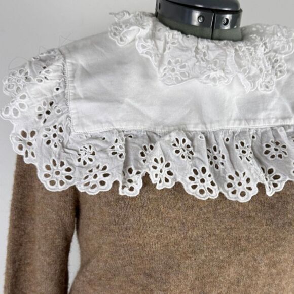 ZARA Lace Eyelet Bib Knitted Collar Brown-Camel Sweater – Small - Picture 6 of 11